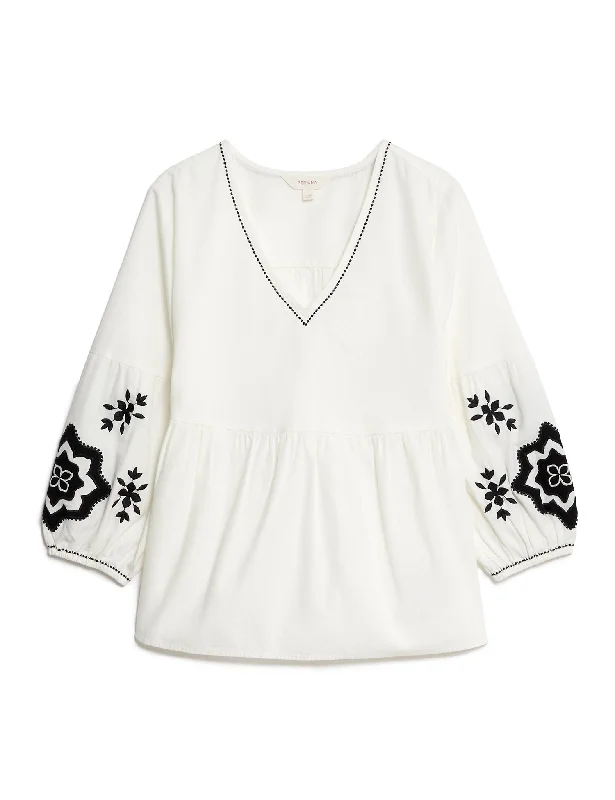 Pure Cotton Embroidered V-Neck Blouse