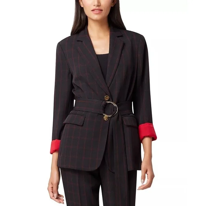 Tahari ASL Women's Belted Windowpane Blazer Black Size 8