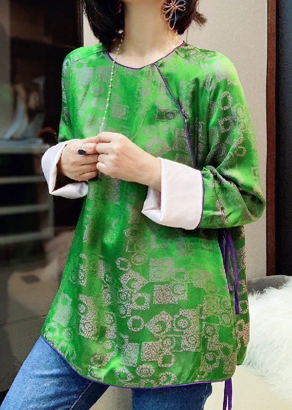 Elegant Green O-Neck tie waist Patchwork Jacquard Silk Shirts Long Sleeve