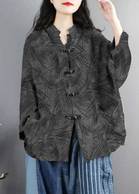 Chinese Style grey Print Pockets Button Patchwork Cotton Coats Long Sleeve