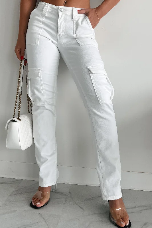 Cool Ambition Mid Rise Straight Leg Cargo Jeans (White)