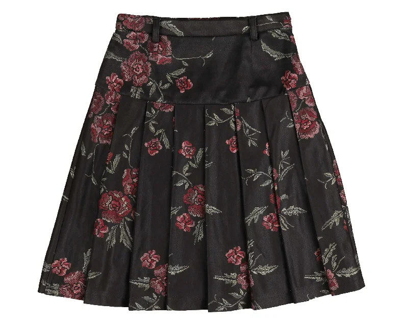 Belati Black Floral Pleated Skirt