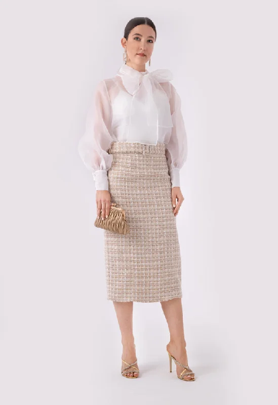 Lurex Tweed Belted Long Skirt