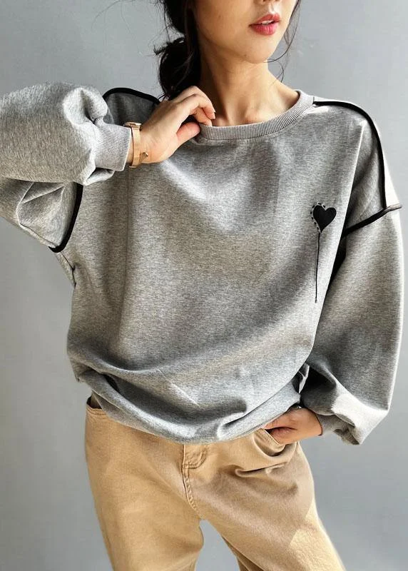 Elegant Grey Loose Embroideried Patchwork Fall Sweatshirt Street Wear