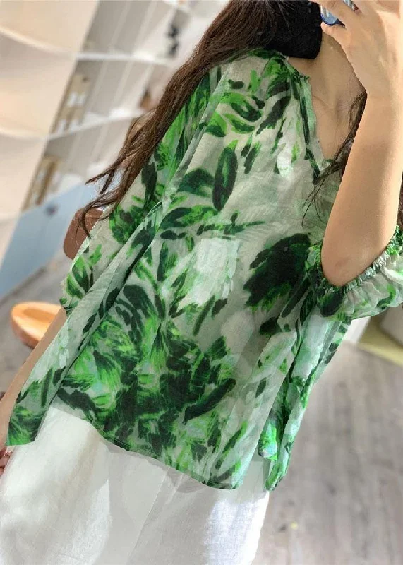 Elegant v neck linen blouses for women Fashion Ideas green prints blouses fall