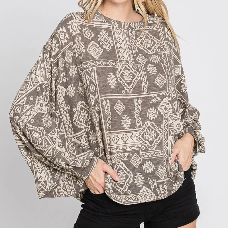 Gee Gee Women's Mocha Terry Print Dohlman Sleeve Top