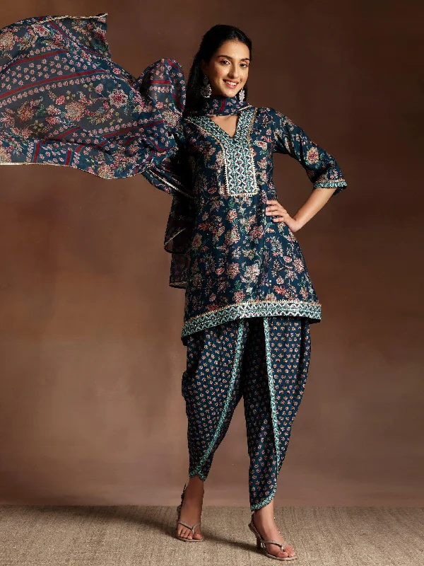 Blue Printed Silk Blend Straight Suit With Dupatta