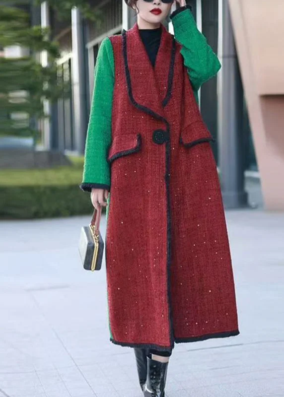 Fashion Red Notched Pockets Patchwork Woolen Long Coats Winter