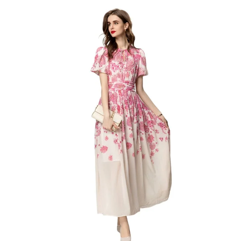 French-Inspired Printed Short Sleeve Dress with Timeless Appeal - Sizes S-XXL - Pink Cotton Polyester Fabric