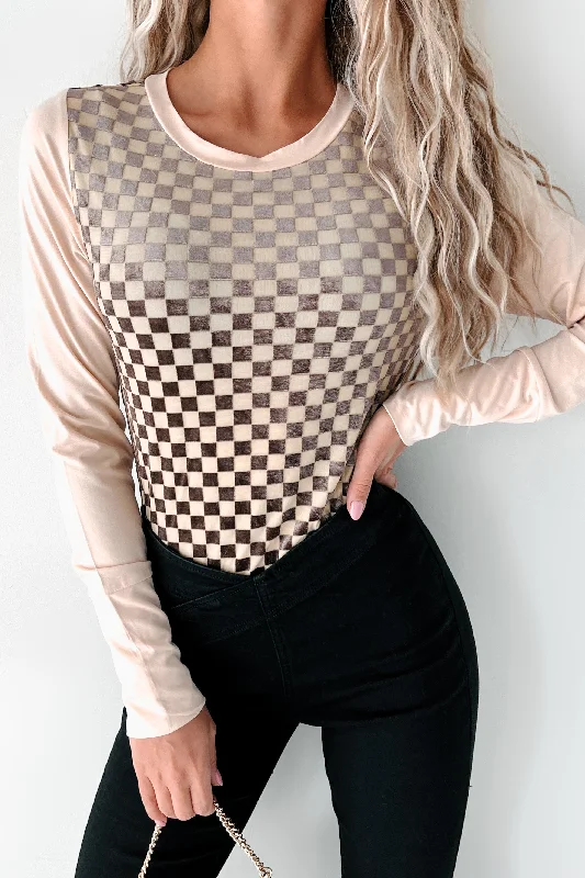 Chess Moves Velvet Checkered Bodysuit (Taupe)