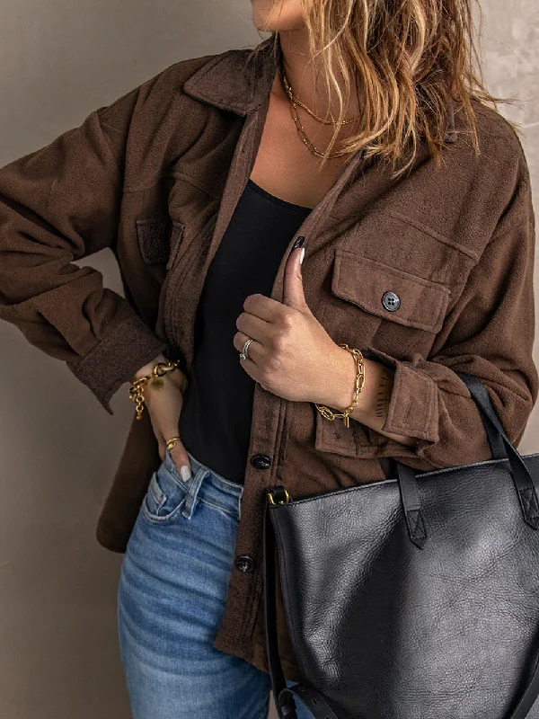 Brown Fleece Shirt Jacket with Cuffs