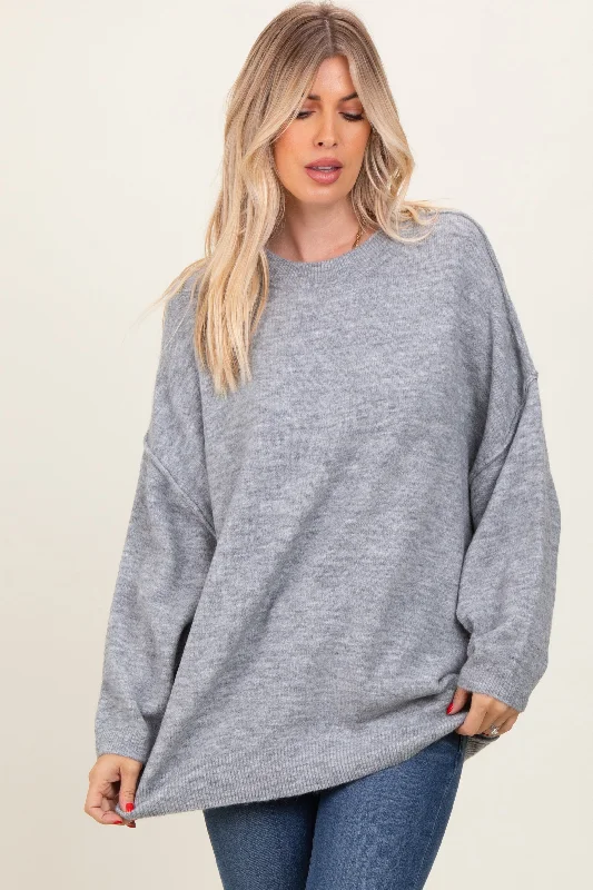 Heather Grey Oversized Crewneck Melange Knit Sweater