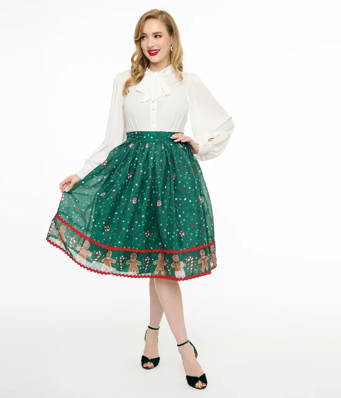 Unique Vintage 1950s Green Gingerbread Border Brilliance Swing Skirt