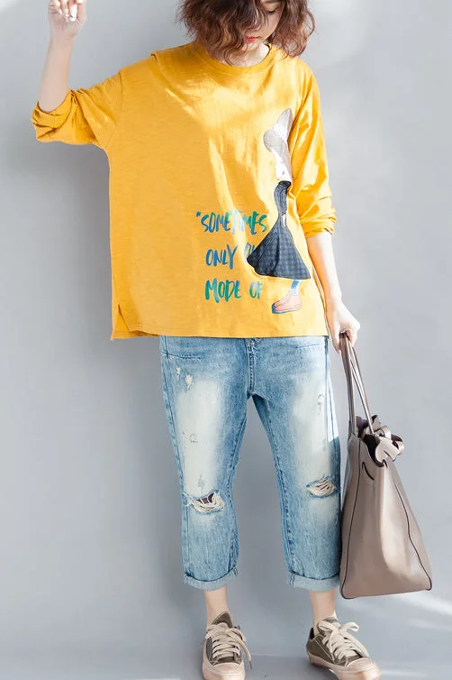 Elegant yellow cotton linen tops women plus size Wardrobes o neck long sleeve loose spring top