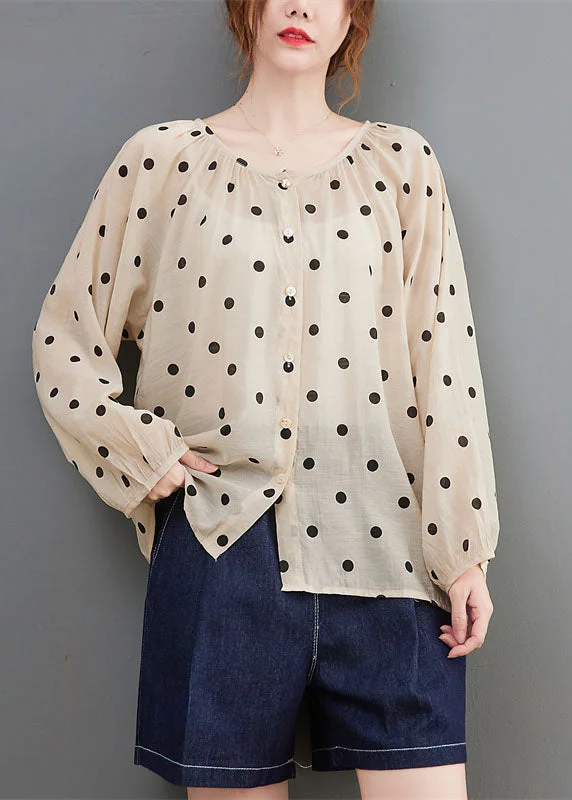 Elegant Apricot Loose Button Print Fall Dot Long sleeve Tops