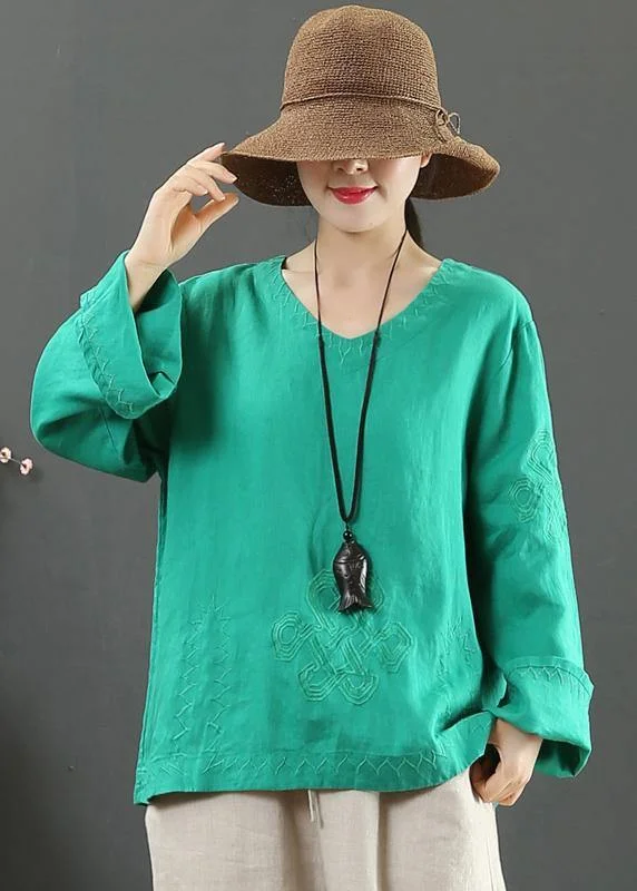 Elegant V Neck Embroidery Spring Tops Women Neckline Green Shirt