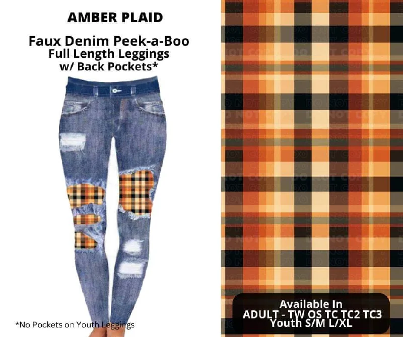 Amber Plaid Faux Denim Full Length Peekaboo Leggings