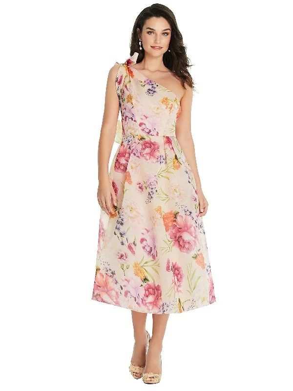 Scarf-Tie One-Shoulder Pink Floral Organdy Midi Dress