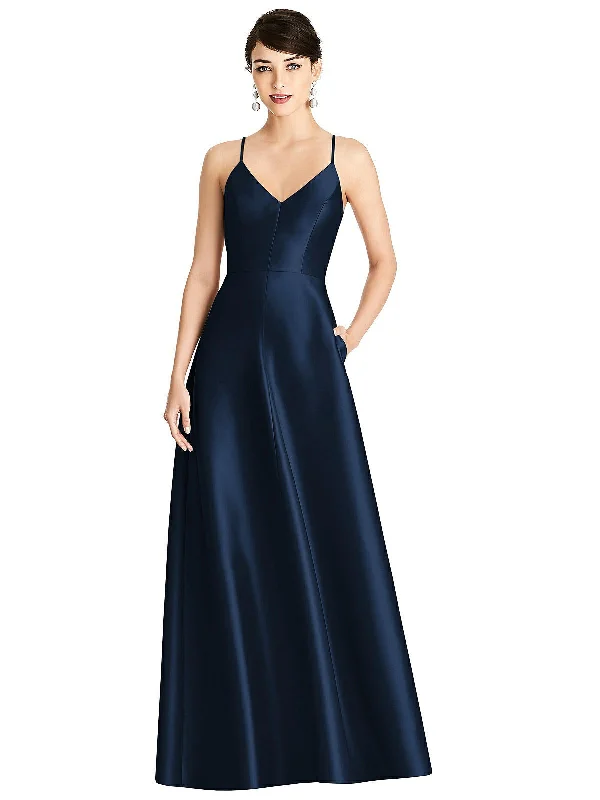 V-Neck Full Skirt Satin Maxi Dress